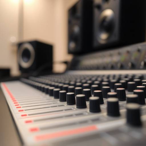 Close-up of a mixing console with faders and knobs.