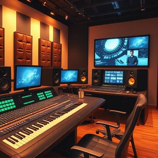 Control room featuring a large mixing console and studio monitors.