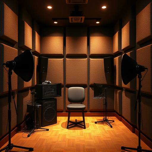 Intimate recording booth with acoustic treatment.