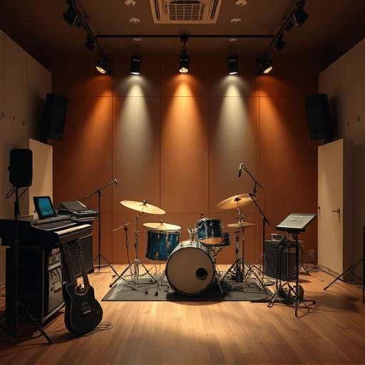 Spacious live room with drum set and various instruments.