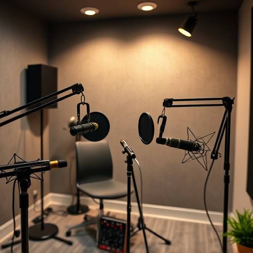 Studio D: Podcast and Voice-Over Suite with professional microphones and soundproofing.